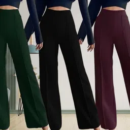 lecowar Pack of 3 Women Regular Fit Green, Black, Purple Polyester Trousers-picture-24