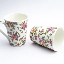 golden queens Ceramic Flower Print - Milk & Coffee, 300 Ml - Set of 2 (Multicolour-2) Bone China Coffee Mug image 4