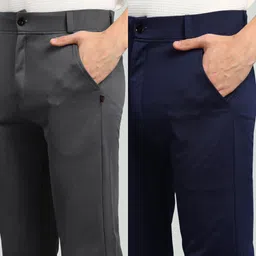 royoma Pack of 2 Men Regular Fit Grey, Dark Blue Lycra Blend Trousers image 4