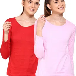 ap'pulse Pack of 2 Women Solid Round Neck Pure Cotton Red, Pink T-Shirt-picture-21