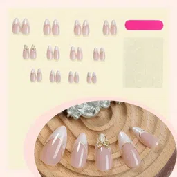 nakhi 24 Pcs Luxury Stiletto Press On Nails | Nude White Tips with Golden Bow Design Gold Bow image 2