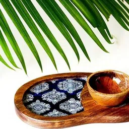 indian artisans MANGO WOOD PLATTER SET OF 5 PLATTERS AND 2 BOWLS/ BLUE MOTIF/SERVING TRAY Tray, Chip & Dip Tray, Bowl Serving Set image 3