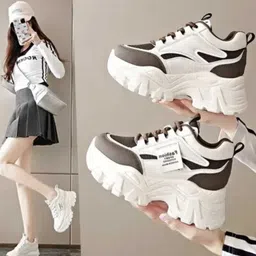 pharaoh Fashionable Chunky Sneakers in White and Brown with Bold Branding Party Wear For Women image 3