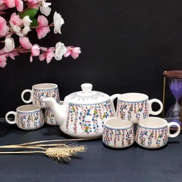 aav world Pack of 7 Ceramic TOTA MAINA Tea set with kettle ( pack of 6 cup and 1 kettle) image 3