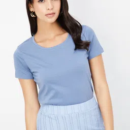 max Women Solid Round Neck Cotton Blend Blue T-Shirt image 1