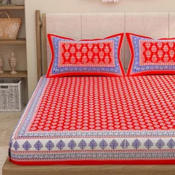 Lali Prints Red & White Printed Cotton 130 TC Queen Bedsheet With 2 Pillow Covers image 5