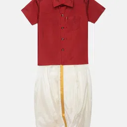 Thangamagan Boys Fire Brick Red Solid Panjagajam & Shirt Set-picture-21