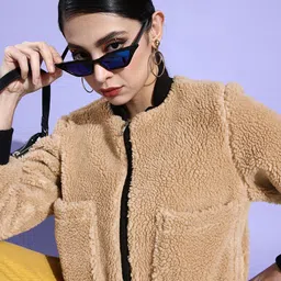 ANVI Be Yourself Women Beige Solid Faux Fur Tailored Jacket-image-23