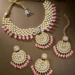 Peora 18K Gold-Plated Pink Traditional Kundan Jewellery Set-image-35