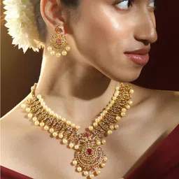 Rubans 24K Gold-Plated Ruby Emerald White CZ & Pearl Beads Studded Temple Jewellery Set-picture-22
