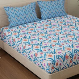 Huesland Blue & White Pure Cotton Floral 144 TC King Bedsheet Set 2.74 m x 2.74 m-picture-24