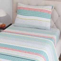 Layers Zen Green & White Striped 225 TC Single Bedsheet with 1 Pillow Cover-image-40