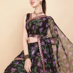 Sangria Black & Purple Floral Printed Sequinned Pure Georgette Saree-image-77