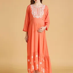 MomToBe Floral Yoke Design Notched Neck Thread Work Maternity Anarkali Sustainable Kurta-picture-22
