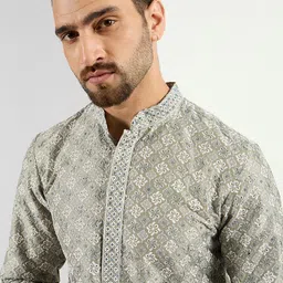 House of Pataudi Floral Embroidered Mandarin Collar Chikankari Straight Kurta-picture-11