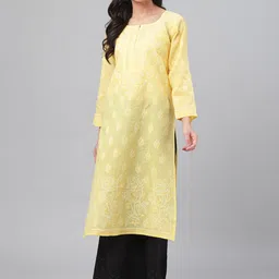 ADA Women Yellow & White Chikankari Hand-Embroidered Straight Sustainable Handloom Kurta-picture-1
