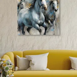 OLIVE TREE Grey & Blue Horses Canvas Framed Painting Wall Art-image-23