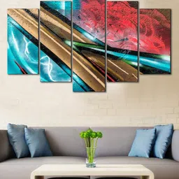 WENS Blue & Red Abstract Velvet Laminated 5 Panelled Wall Art-image-34