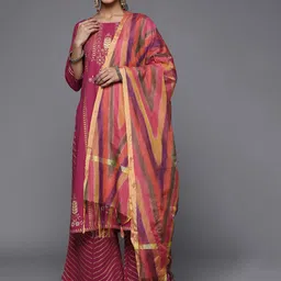 Varanga Women Fuchsia Pink & Golden Floral Print Cotton Kurta with Palazzos & Dupatta-picture-38