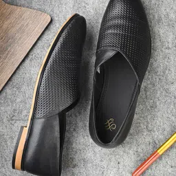 House of Pataudi Men Black Textured Ethnic Slip-Ons with Cut Work Detail-picture-24