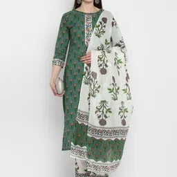 Vbuyz Women Green & White Printed Kurta with Trousers & Dupatta image 4