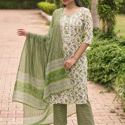 Libas Women Floral Printed Thread Work Pure Cotton Kurta with Palazzos & With Dupatta-image-0