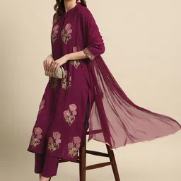 Sangria Women Floral Printed Regular Kurta With Trousers & With Dupatta image 1