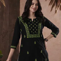 ADA Women Black & Green Chikankari Embroidered Pure Cotton Straight Sustainable Handloom Kurti-picture-43