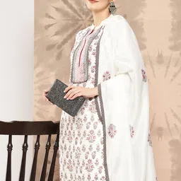 Libas Women Off White Floral Printed Chanderi Silk Kurta with Trousers & With Dupatta-image-27
