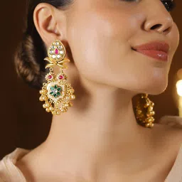Rubans 22K Gold Plated Kundan Stone Studded And Beaded Contemporary Drop Earrings image 1