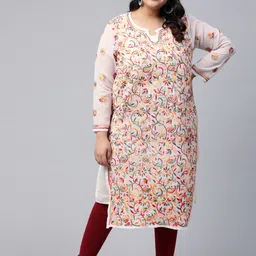 ADA Women Plus Size Off White & Magenta Ethnic Motifs Chikankari Georgette Handloom Kurta With Slip-picture-4