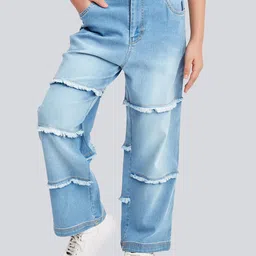 Olele Girls Cotton Denim Panel Joints Stretchable Jeans Pant-image-6
