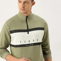 Flying Machine Men Olive Green Colourblocked Pure Cotton Pullover Sweatshirt-image-32