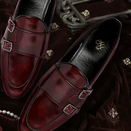House of Pataudi Men Burgundy Glossy Finish Handcrafted Leather Party Monk Shoes-picture-15