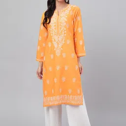 ADA Women Coral Orange & White Chikankari Hand-Embroidered Straight Sustainable Handloom Kurta-picture-3
