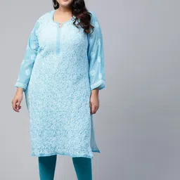 ADA Women Plus Size Blue & White Ethnic Motifs Embroidered Chikankari Handloom Kurta-picture-9