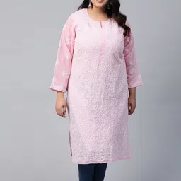 ADA Women Plus Size Pink & White Ethnic Motifs Embroidered Chikankari Handloom Kurta-picture-15