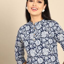 Anouk Women Navy Blue & White Pure Cotton Ethnic Motifs Printed Kurta-picture-21