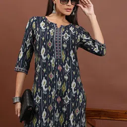 Vishudh Navy Blue Geometric Printed Notch Neck Straight Kurta-image-0