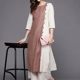 Varanga Women White & Dusty Pink Checked Kurta-image-78