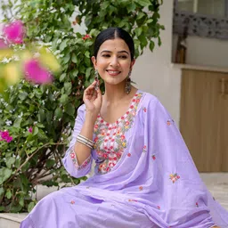 SANISA Floral Embroidered Round Neck Sequinned Straight Kurta With Trousers & Dupatta-image-50