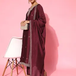 Kvsfab Women Maroon Floral Embroidered Regular Sequinned Kurta with Trousers & With Dupatta-image-24