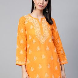 ADA Women Orange & White Chikankari Embroidered Pure Cotton Straight Kurti-picture-41