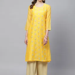 Biba Women Yellow & Silver Woven Design Layered Straight Kurta-picture-14