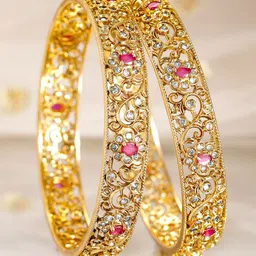 Rubans Set of 2 22K Gold-Plated Bangles with Ruby Pink & White Cubic Zirconia Stones-picture-19