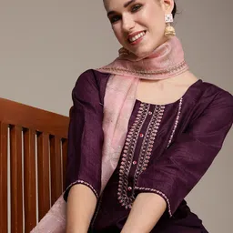 Anouk Women Purple Ethnic Motifs Embroidered Regular Kurta with Palazzos & With Dupatta-image-90