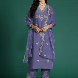 Indo Era Floral Embroidered Sequinned Kurta With Trousers & Dupatta-picture-34