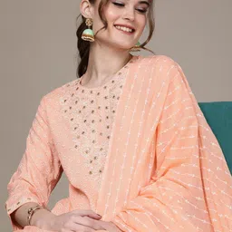 Anouk Women Peach-Coloured Floral Embroidered Regular Thread Work Kurta with Trousers & With Dupatta-picture-20