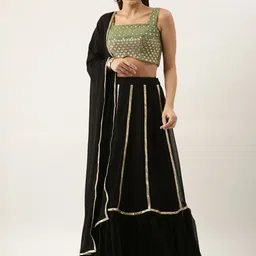 Ethnovog Green  Black Embellished Zardozi Made to Measure Lehenga  Blouse With Dupatta-image-96
