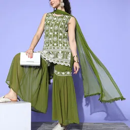 Juniper Women Green Ethnic Motifs Embroidered Sequinned Kurta with Sharara & Dupatta-picture-45
